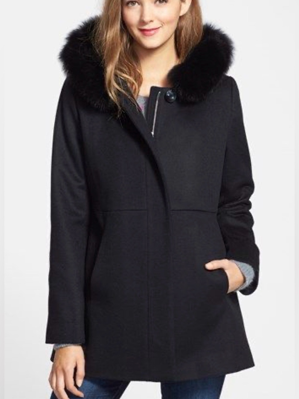 Sachi Collection Black Wool-Blend Hooded Coat with Real Fox Fur Trim Size S